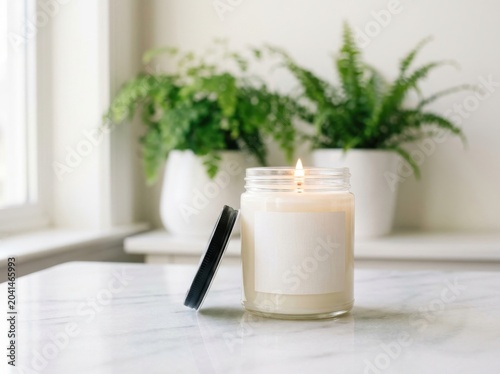 Burning Scented Candle in Jar with Green Plants in Background
