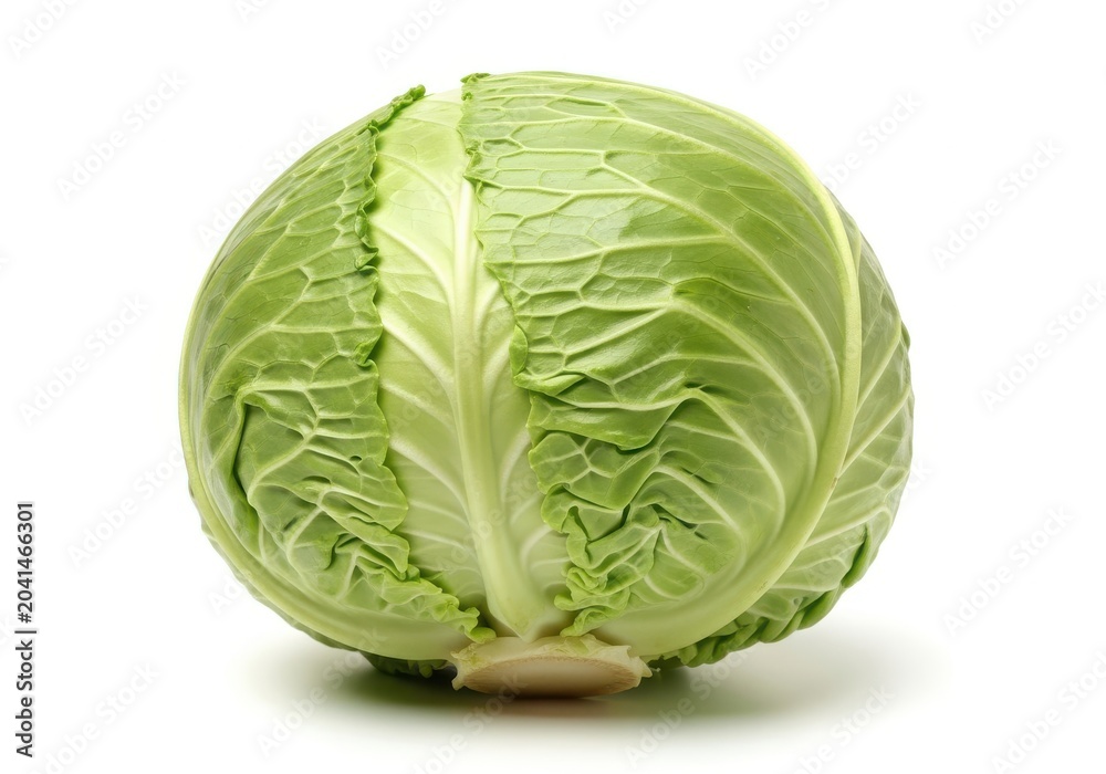 Fototapeta premium Fresh whole green cabbage with leaves slightly open isolated on white background