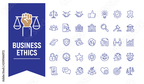 Foto Business Ethics Icons: A collection of modern vector icons representing various aspects of business ethics, including justice, trust, law, and responsibility, set against a clean blue background