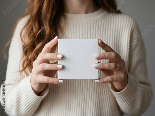 Woman Holding Blank White Square Box for Mockup Display