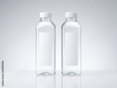 Two clear plastic bottles with blank labels on a reflective surface, studio lighting