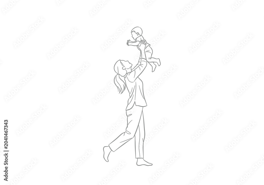 Obraz premium Line art drawing of a mother lifting her happy baby into the air