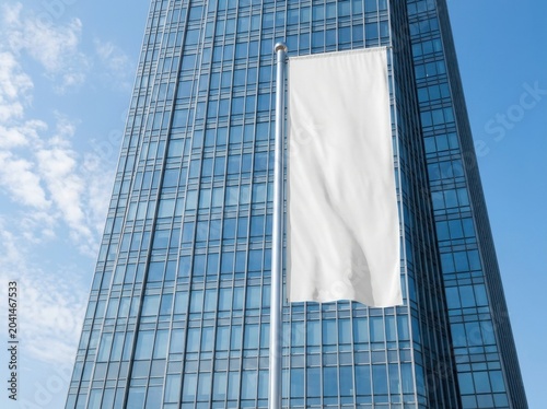 Blank White Flag on Pole in Front of Modern Glass Skyscraper Under Blue Sky