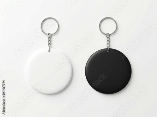 Two blank round keychains, one white and one black, on a white background