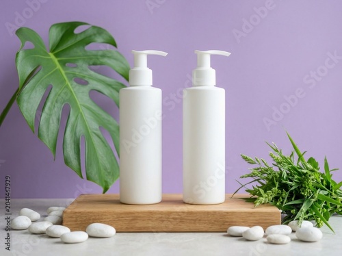 Two white cosmetic bottles with pump dispensers on a wooden stand with plants and stones