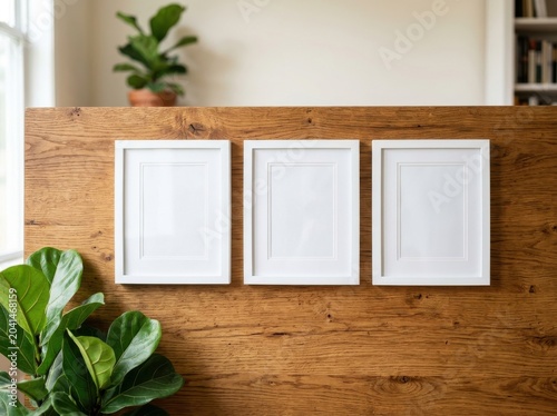 Three empty white picture frames arranged on a rustic wooden surface with plants