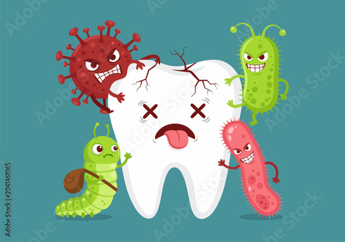 Dental health cartoon vector illustration of a damaged tooth surrounded by angry germs and bacteria