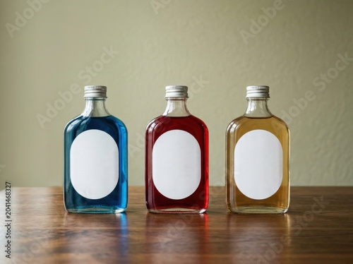 Three small glass bottles with colorful liquids and blank labels on a wooden table