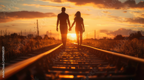 Romantic Couple Holding Hands Walking on Railway at Sunset