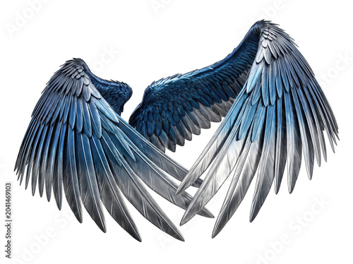 Blue Feather Wings Isolated on Transparent Background Minimalist Art Style