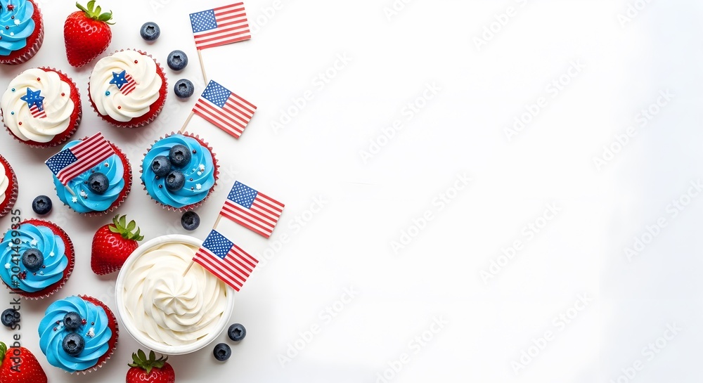 Obraz premium Patriotic fourth of july dessert spread with cupcakes and berries