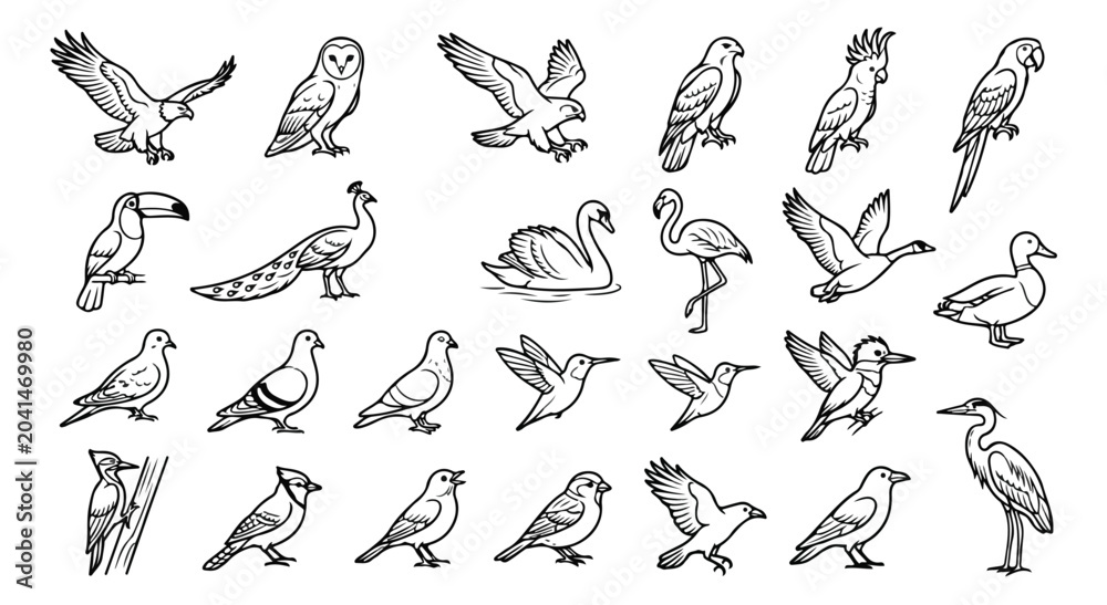 Obraz premium Minimalist bird line art collection, set of 25 avian vector icons, black and white wildlife illustrations for nature branding and educational design