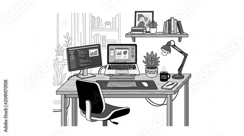 Fotografie Home office workspace with computer and furniture, nobody, indoors, illustration
