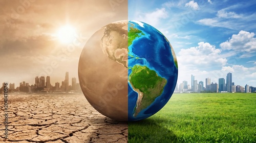 Earth shows the contrast between a dying desert landscape and a lush green environment.