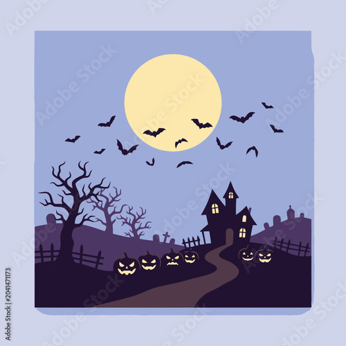 A spooky house stands under a full moon in the night
