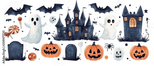 Happy Halloween day element background. Cute collection of spooky ghost