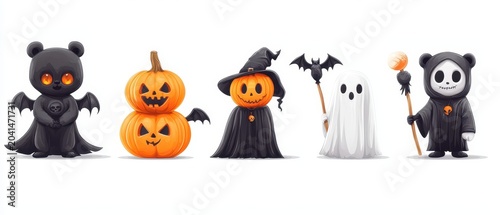 Halloween character vector set. Halloween characters like pumpkin vampire, teddy bear, ghost and grim reaper isolated in white background