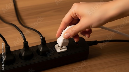 Hand plugging a white electrical plug into a power strip.