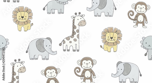 Photography Cute cartoon safari animals pattern for kids.