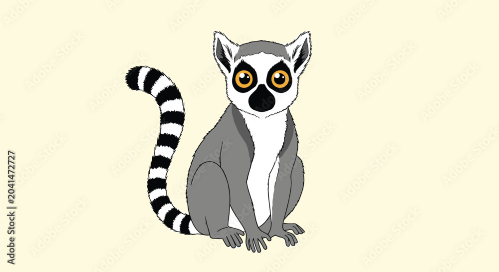 Obraz premium Ring-tailed lemur with a long striped tail sitting and looking forward with big golden eyes in a simple illustration.