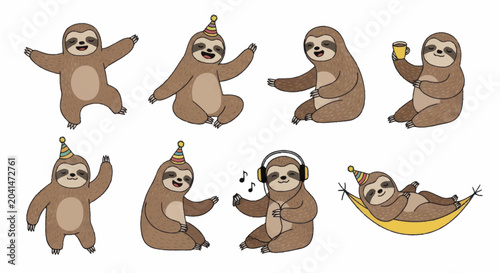 Картината върху платно Cute cartoon sloths in various poses and activities.