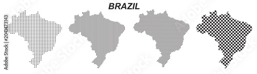 Brazil map silhouette vector, isolated country outline graphic set, 4 black design templates with dots stripes and checkered patterns, geometric abstract digital layout element