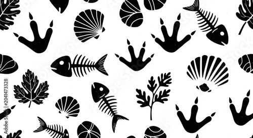 Foto Dinosaur Footprints Fish Skeletons and Seashells Pattern.