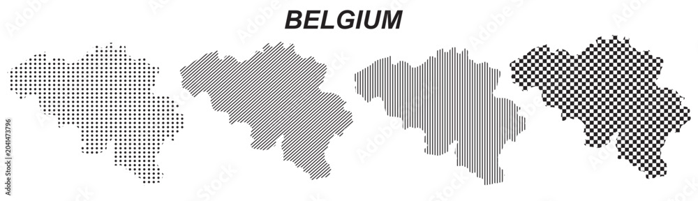 Obraz premium Belgium map silhouette vector, isolated country outline graphic set, 4 black design templates with dots stripes and checkered patterns, geometric abstract digital layout element