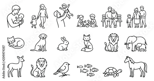 Minimalist family and animal line icons, set of 18 black and white vector illustrations, simple outline people and wildlife symbols for web design