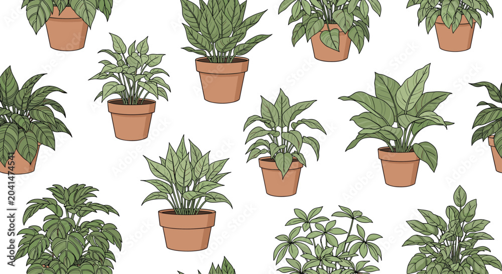 Fototapeta premium Seamless pattern of various green houseplants in terracotta pots arranged in a repeating layout for interior design and nature themes.