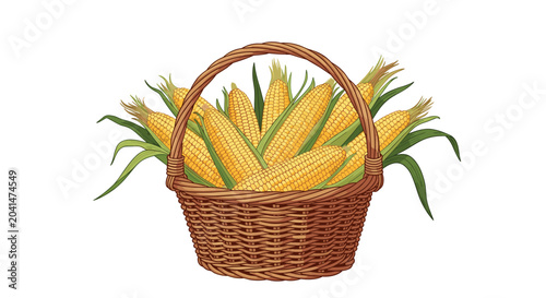Beautiful wicker basket overflowing with fresh yellow corn on the cob including green husks representing a healthy autumn harvest.