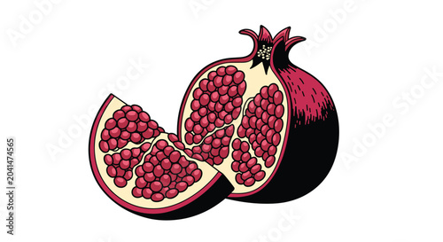 Detailed illustration of a ripe pomegranate fruit cut in half and into segments revealing the internal red seeds and textured skin.