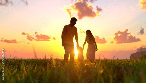 Parents playing child outdoors sunset