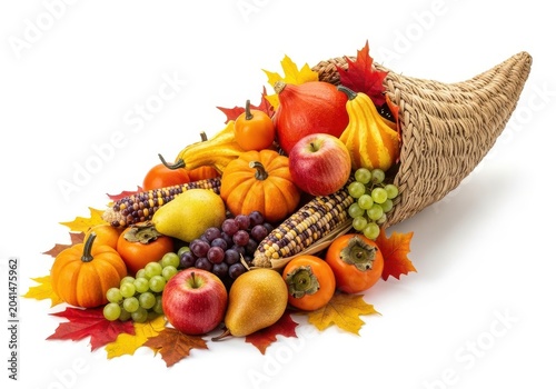 Colorful autumn harvest in a woven cornucopia with fresh fruits and vegetables isolated on white background