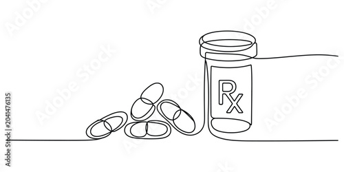 Canvastavla Continuous single line drawing of a pill bottle and a pile of medical capsules