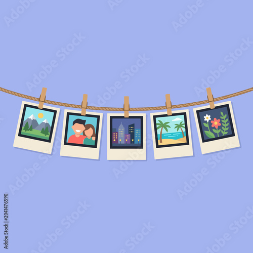 Five colorful instant photos hanging on a rustic rope line