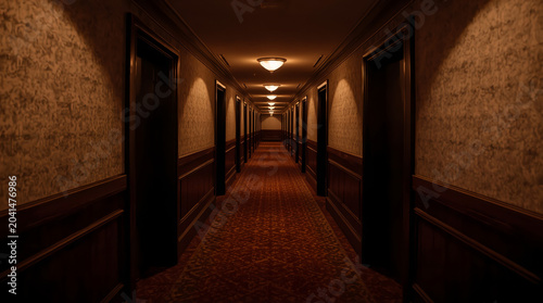 dimly lit, narrow hallway with a vintage style. The walls are covered with textured wallpaper in muted tones, and the lower half is adorned with dark wooden paneling. The floor features a geometric 