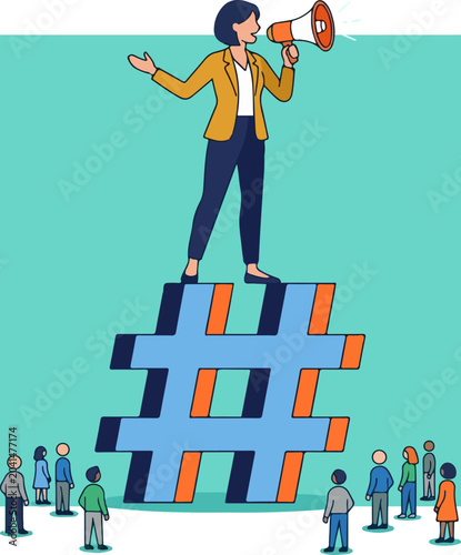 Woman standing on hashtag.