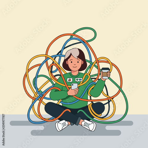 Woman surrounded by colorful cords.