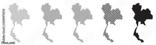 Thailand map silhouette vector, isolated country outline graphic set, 5 black design templates with dots stripes and checkered patterns, geometric abstract digital layout element