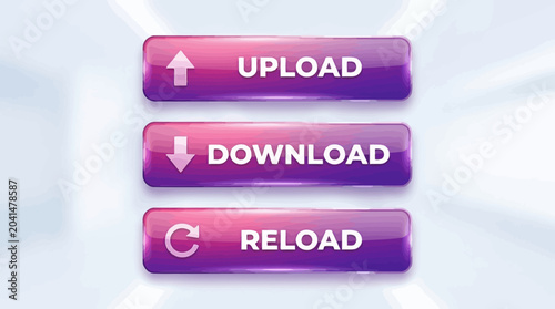 Glossy gradient buttons stacked vertically, pink‑to‑purple transitions with arrows and text, modern digital interface actions upload, download, reload.