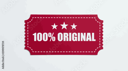 Red ticket label with dashed borders and stars, bold text declaring authenticity, design emphasizing originality and genuine product assurance.