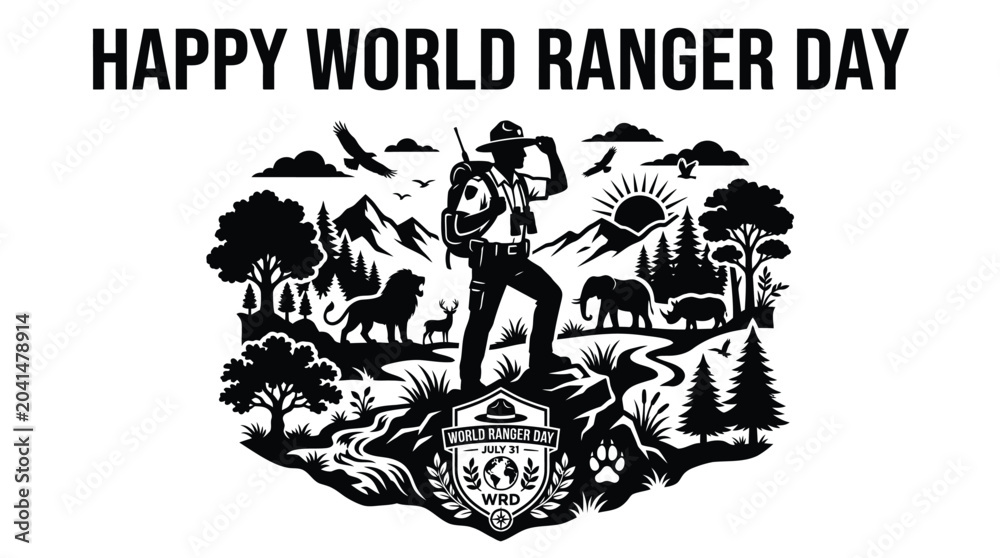 Obraz premium A ranger standing in a wild landscape with local animals celebrates World Ranger Day and our commitment to conservation.
