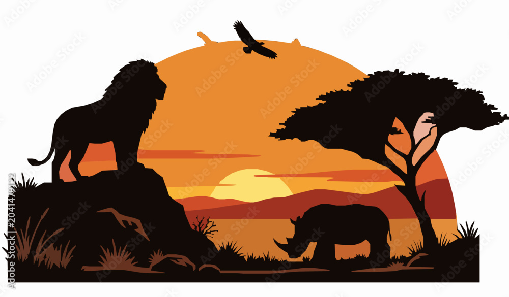 Fototapeta premium African Safari Sunset Scene With Lion And Rhinoceros Silhouette Vector Collection