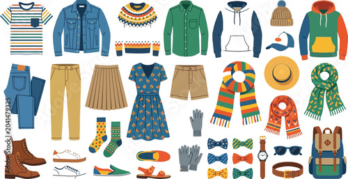 Casual clothing and fashion garments flat vector illustration set containing seasonal apparel shoes hats bags and winter accessories.Casual clothing and fashion garments flat vector illustration set c