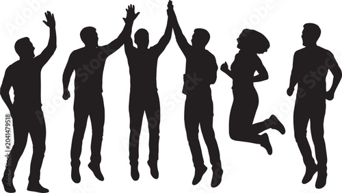 Canvas Print Black Solid Startup Team High Five Jumping Silhouettes Set of Six on White Backg