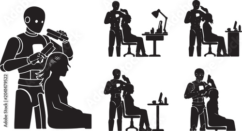 Black Solid Robot Hair Stylist Brushing Silhouettes Set of Six on White Background