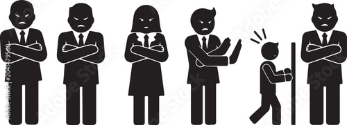 Bild auf Leinwand Black Solid Stern Boss Crossing Arms Silhouettes Set of Six on White Background