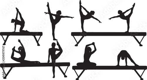 Black Solid Robot Human Gymnastics Balance Silhouettes Set of Six on White Background
