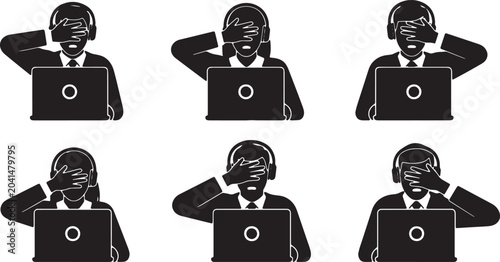 Fotografía Black Solid Remote Team Leader Covering Webcam Silhouettes Set of Six on White B